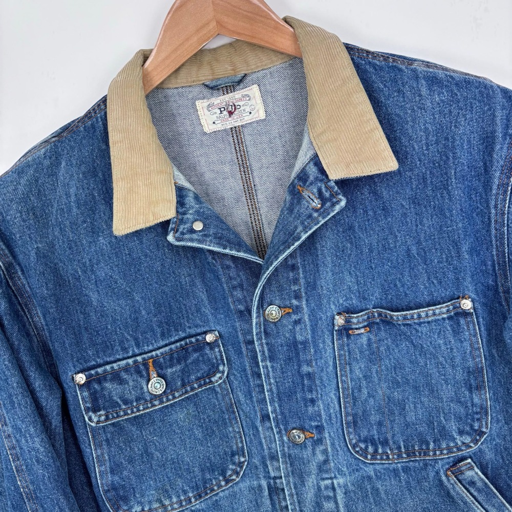 VTG 90s Polo Ralph Lauren Authentic Dungarees Denim Trucker Jacket Mens L USA